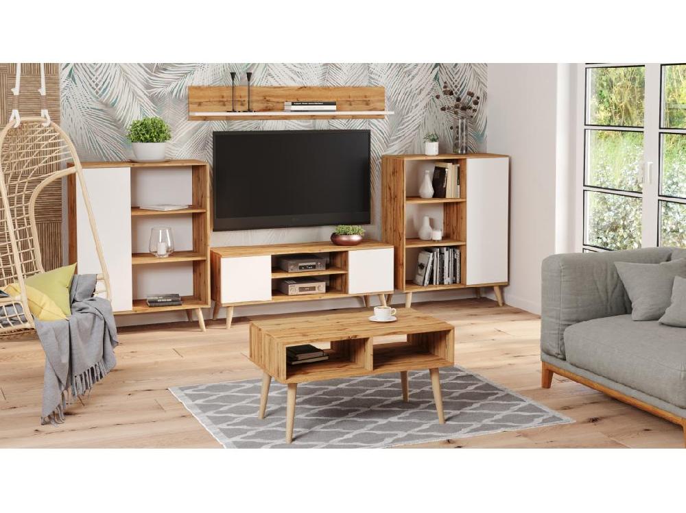 Vente Unique Meuble TV Focus Chêne Doré - Blanc Pieds Bois Style Scandinave