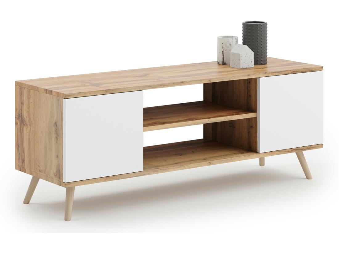 vente unique Meuble TV Focus chêne doré - blanc pieds bois style scandinave