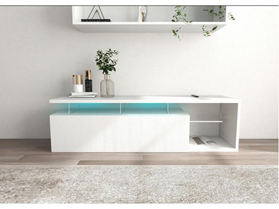 Vente Unique Meuble TV LED Laqué "Penny" - 150 X 41 X 38 Cm - Blanc