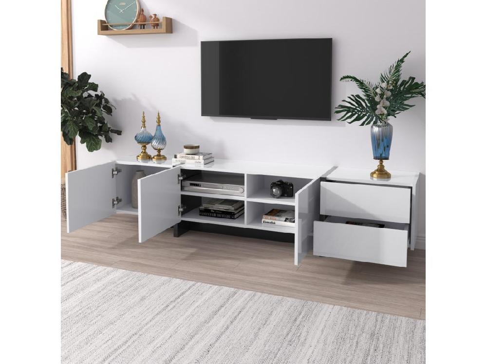Vente Unique Meuble TV Moderne 190cm Avec 3 Portes Et 2 Tiroirs - Blanc Brillant & Noir