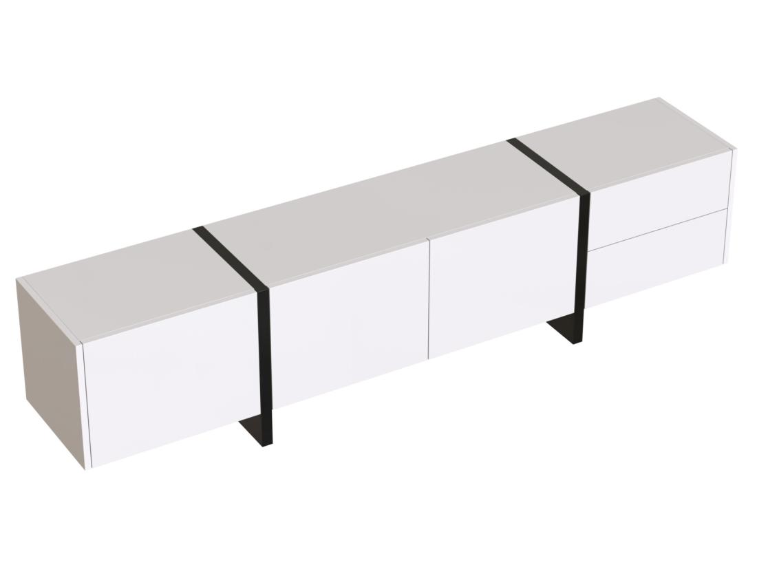Vente Unique Meuble TV Moderne 190cm Avec 3 Portes Et 2 Tiroirs - Blanc Brillant & Noir