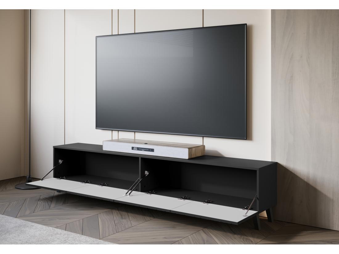 Vente Unique Meuble TV Sur Pied Chevrons Noirs MDF Fermeture Douce 190x39x32 Cm