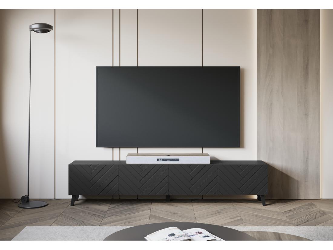 Vente Unique Meuble TV Sur Pied Chevrons Noirs MDF Fermeture Douce 190x39x32 Cm