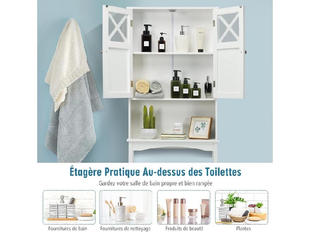 Vente Unique Meuble WC Au-Dessus Des Toilettes Étagère De Rangement De Salle De Bain Hauteur Réglable 2 Portes Avec Verre Trempé Blanc