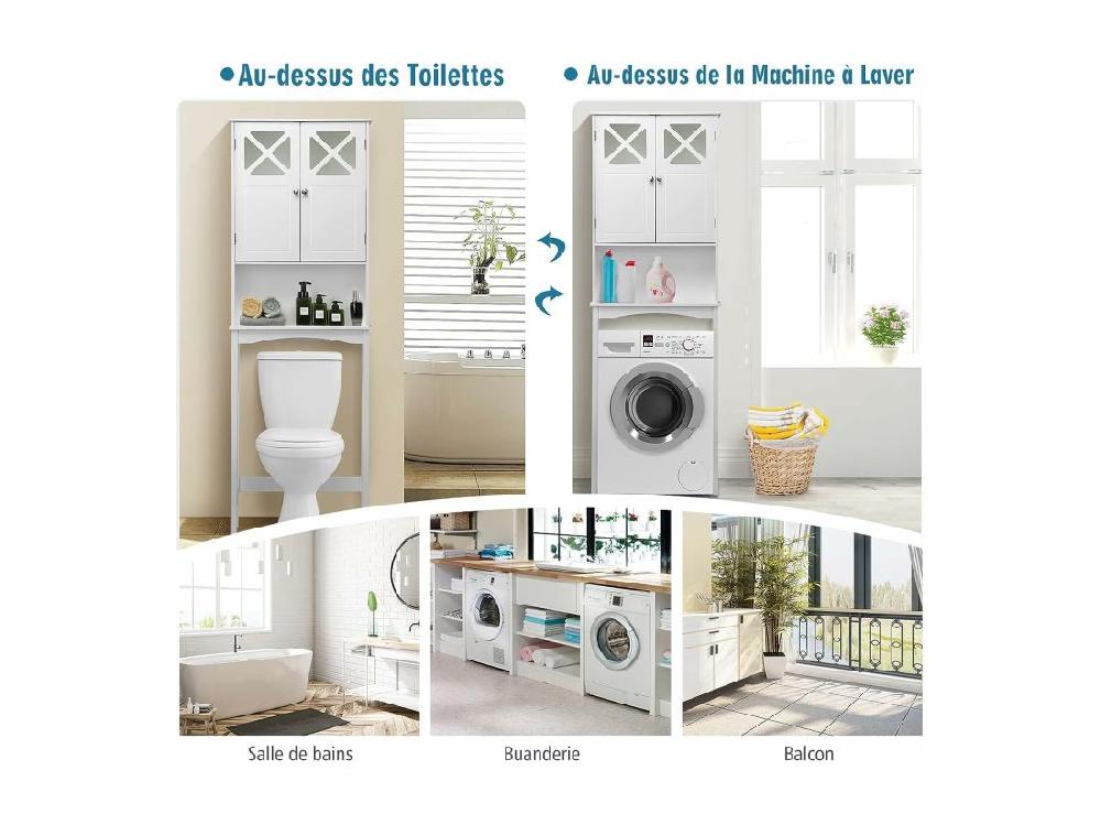 Vente Unique Meuble WC Au-Dessus Des Toilettes Étagère De Rangement De Salle De Bain Hauteur Réglable 2 Portes Avec Verre Trempé Blanc
