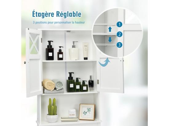 Vente Unique Meuble WC Au-Dessus Des Toilettes Étagère De Rangement De Salle De Bain Hauteur Réglable 2 Portes Avec Verre Trempé Blanc