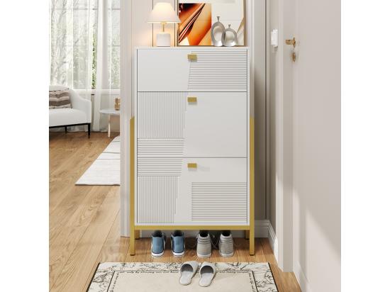 Vente Unique Meubles à Chaussures Avec Tiroirs Double étagère à Chaussures Avec Poignées Et Pieds Dorés Blanc