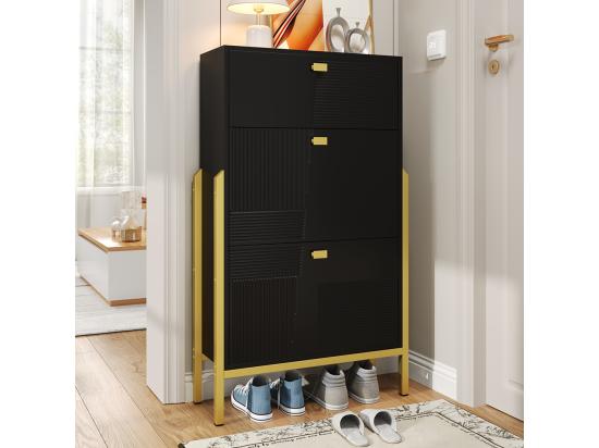 vente unique Meubles à chaussures avec tiroirs double étagère à chaussures avec poignées et pieds Dorés Noir