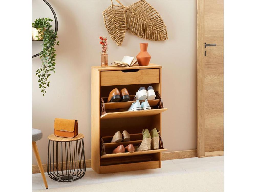 Vente Unique Meubles à Chaussures BASIL Rangement Armoire Avec 2 Abattants Et 1 Tiroir En Pin Massif Lasuré Brun