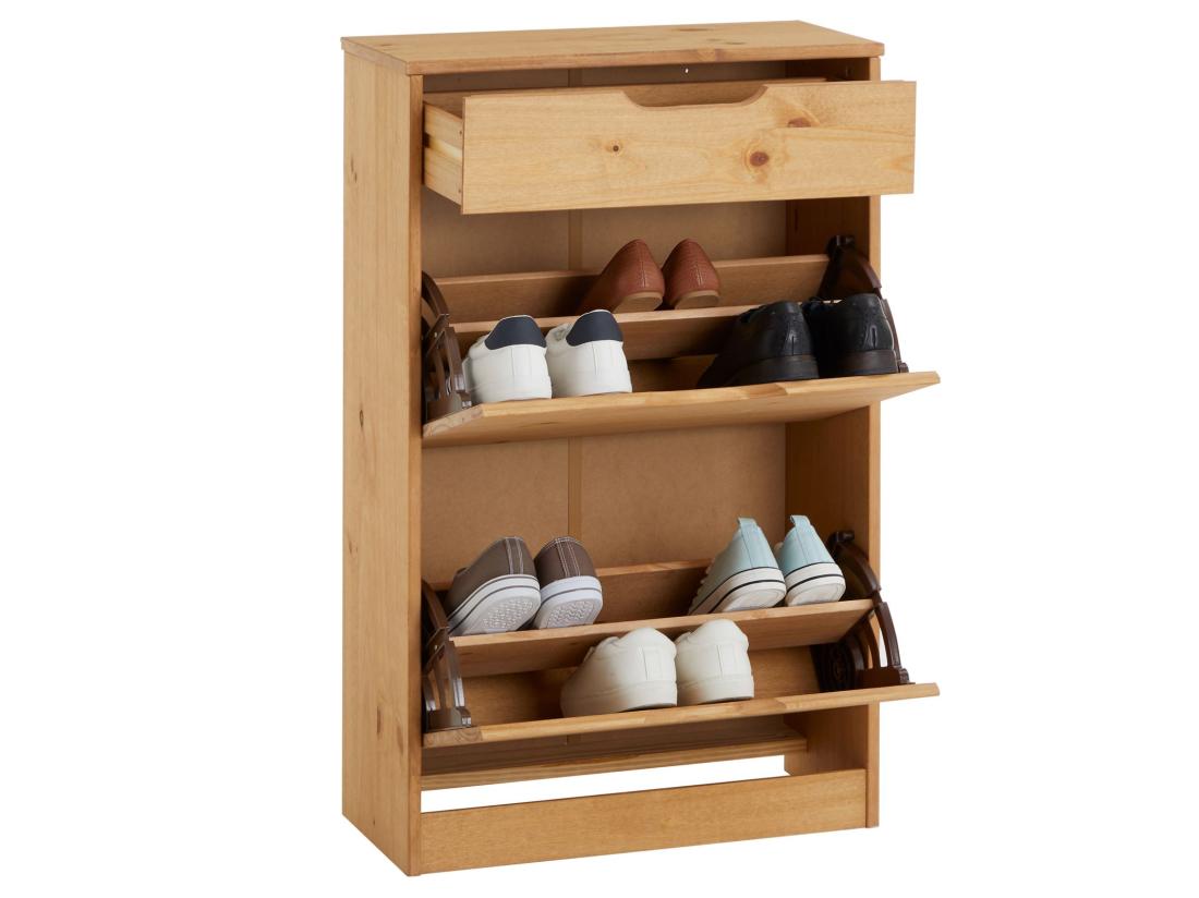 Vente Unique Meubles à Chaussures BASIL Rangement Armoire Avec 2 Abattants Et 1 Tiroir En Pin Massif Lasuré Brun