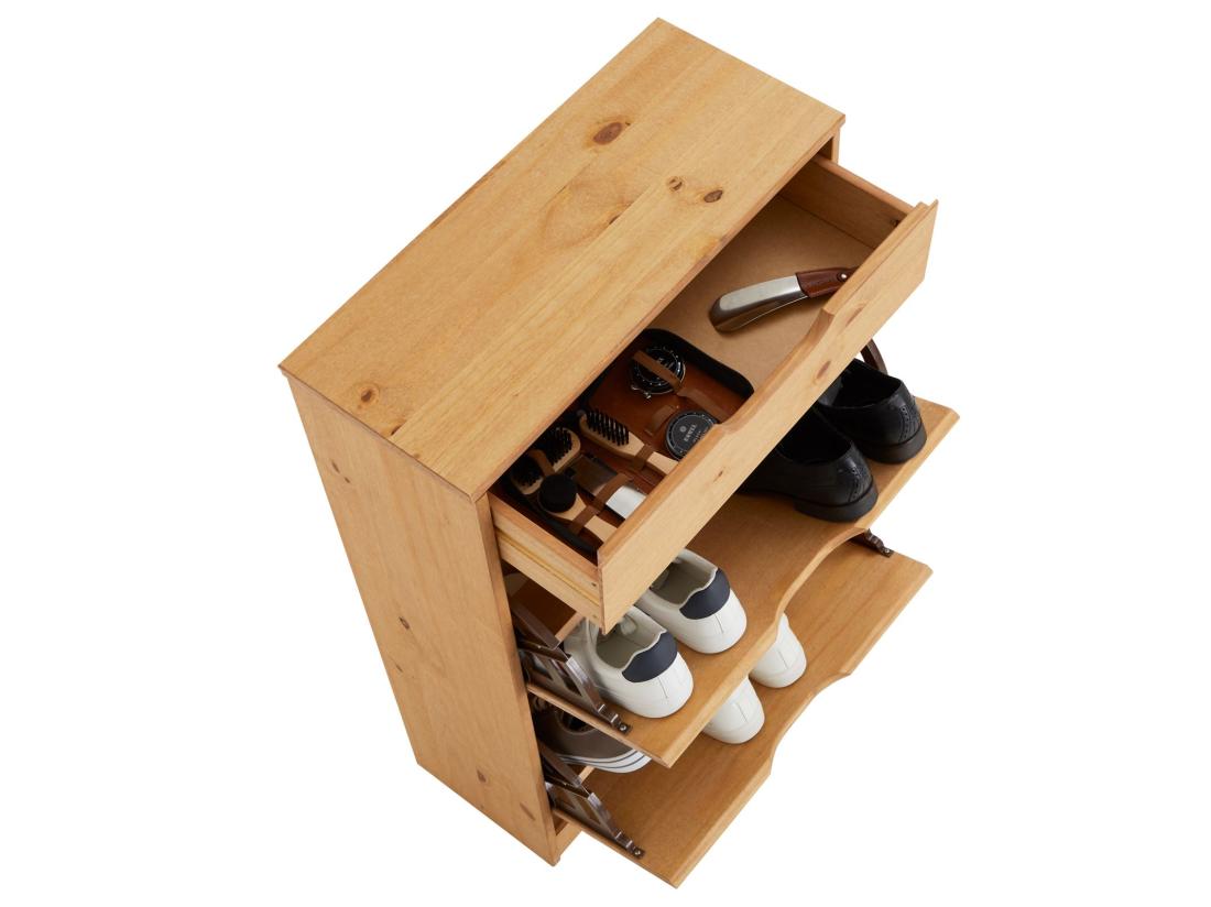 Vente Unique Meubles à Chaussures BASIL Rangement Armoire Avec 2 Abattants Et 1 Tiroir En Pin Massif Lasuré Brun