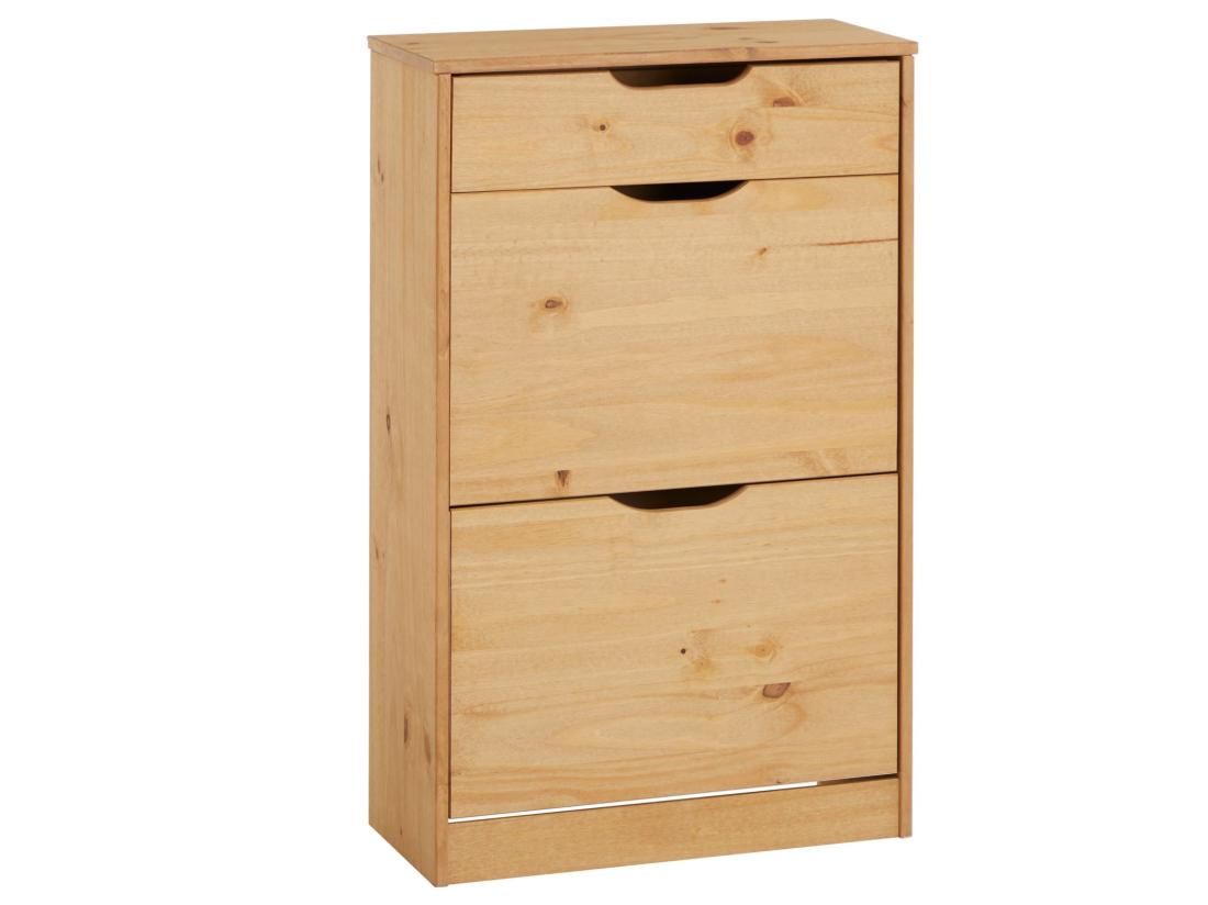 vente unique Meubles à chaussures BASIL rangement armoire avec 2 abattants et 1 tiroir en pin massif lasuré brun