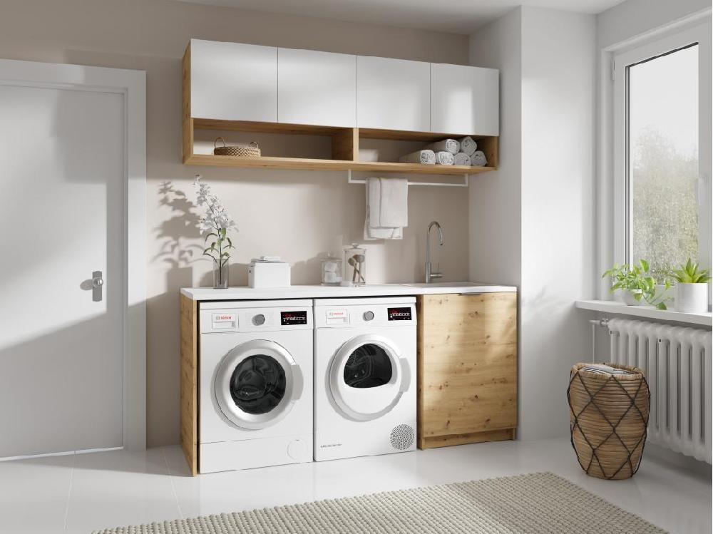 vente unique Meubles de buanderie pour machine à laver avec plan de travail - L182 cm - Blanc et naturel clair - NATAJI