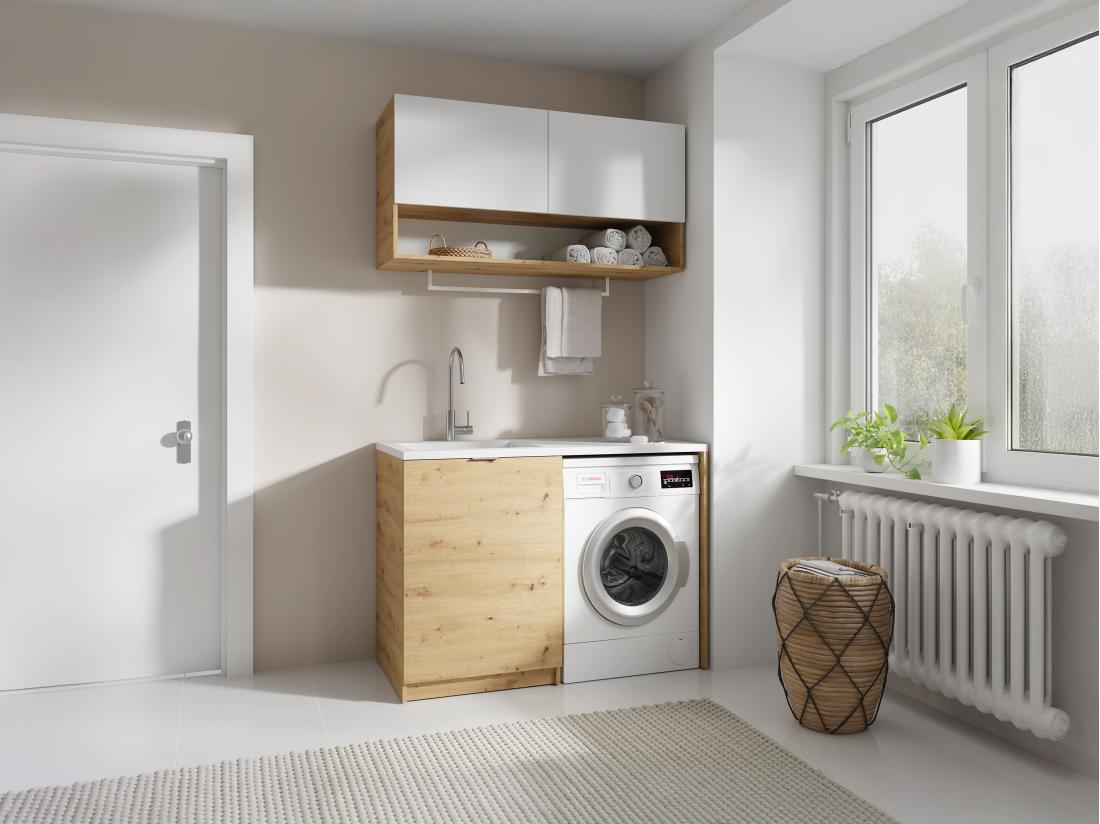 vente unique Meubles de buanderie pour machine à laver avec plan de travail - L122 cm - Blanc et naturel clair - NATAJI