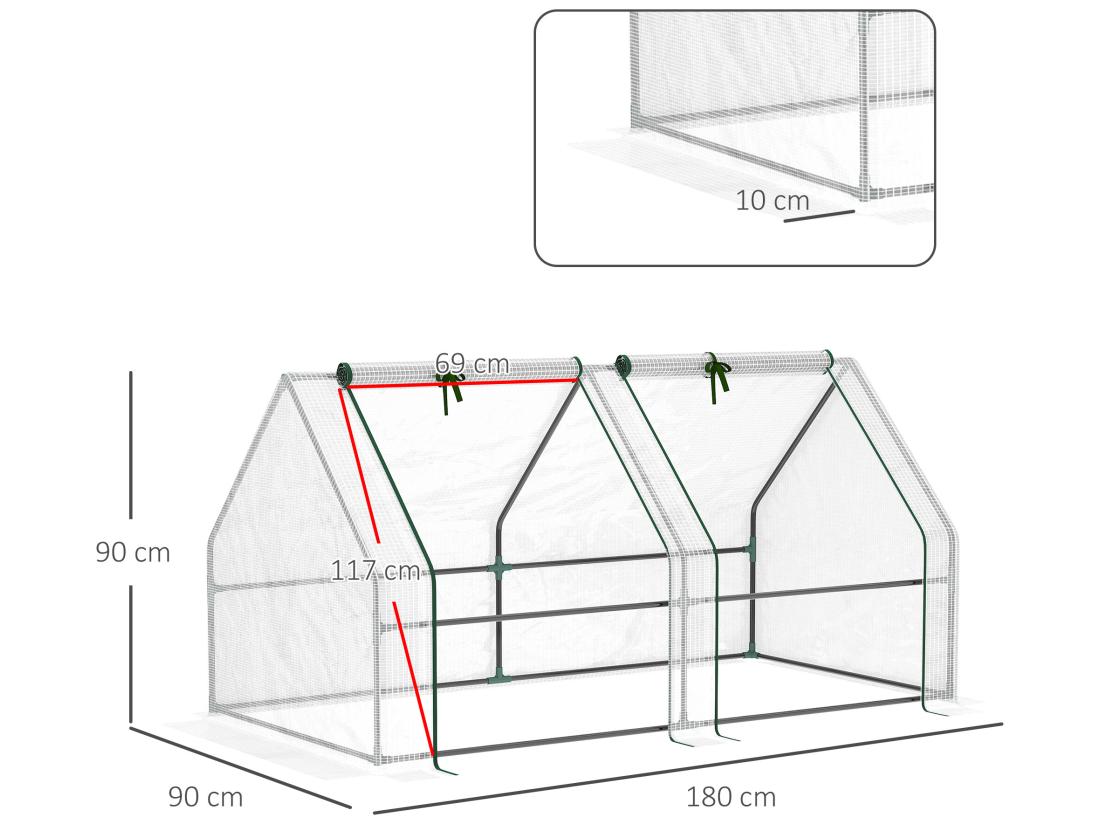 Vente Unique Mini Serre De Jardin Serre à Tomates 180L X 90l X 90H Cm Acier PE Haute Densité 140 G/m² Anti-UV 2 Fenêtres Avec Zip Enroulables Blanc
