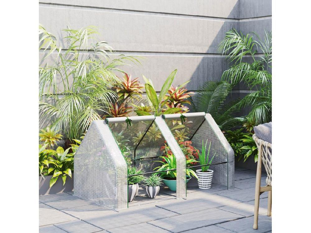 vente unique Mini serre de jardin serre à tomates 180L x 90l x 90H cm acier PE haute densité 140 g/m² anti-UV 2 fenêtres avec zip enroulables blanc
