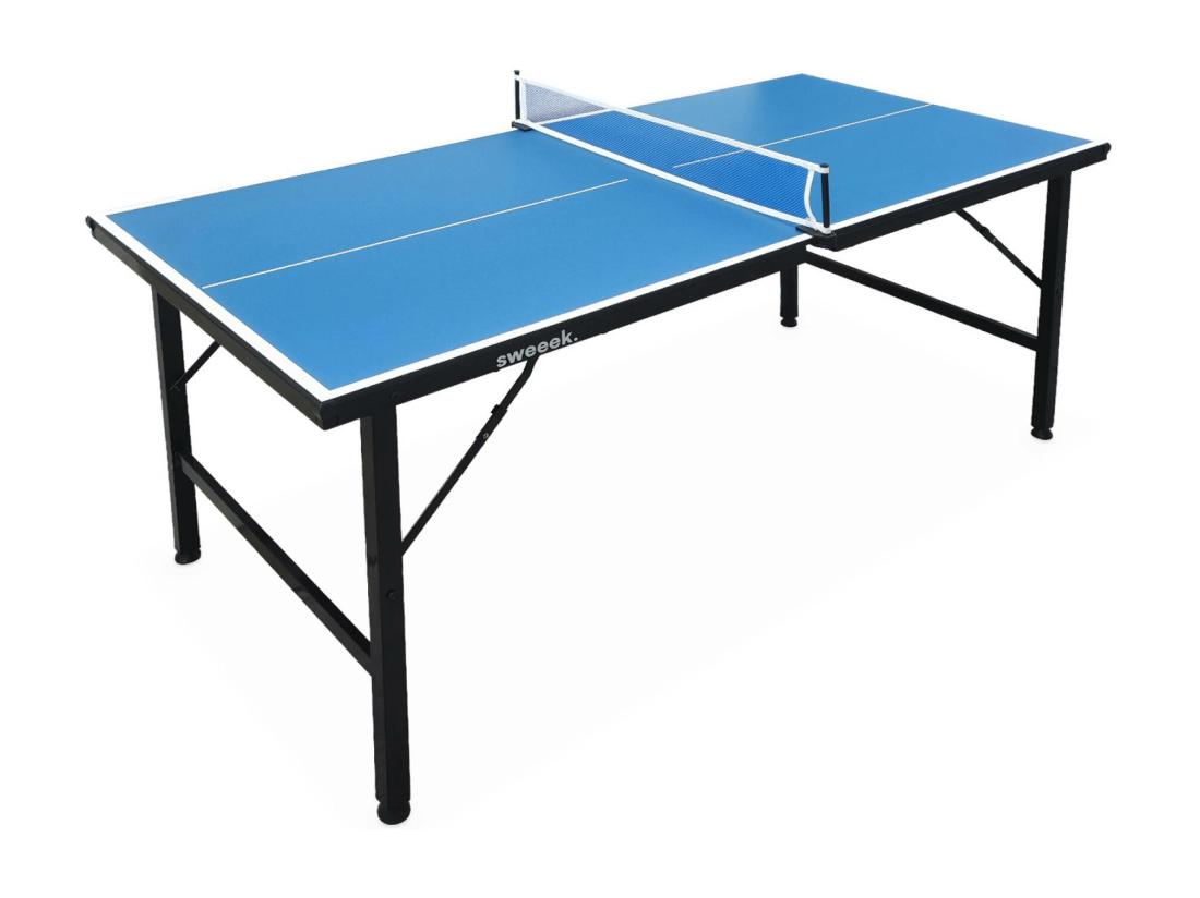 Vente Unique Mini Table De Ping Pong 150x75cm - Table Pliable INDOOR Bleue. Avec 4 Raquettes Et 6 Balles. Valise De Jeu Pour Utilisation Intérieure. Sport Tennis De Table