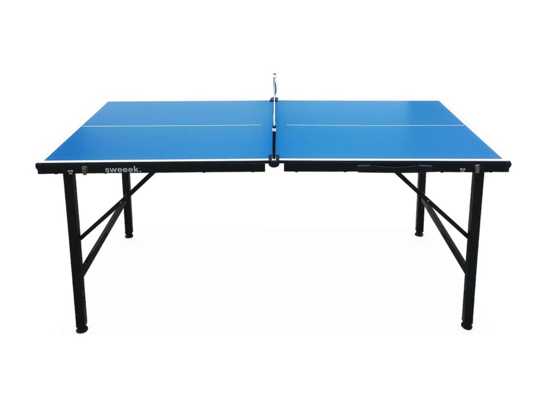Vente Unique Mini Table De Ping Pong 150x75cm - Table Pliable INDOOR Bleue. Avec 4 Raquettes Et 6 Balles. Valise De Jeu Pour Utilisation Intérieure. Sport Tennis De Table