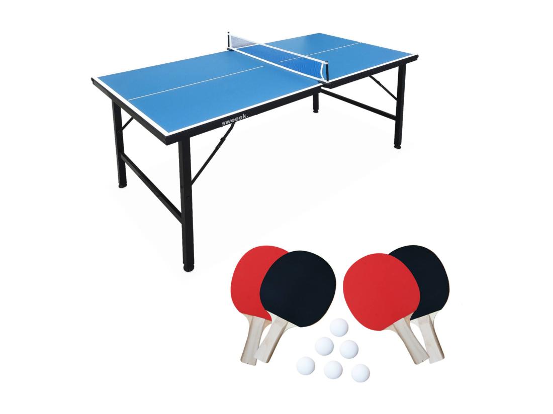 vente unique Mini table de ping pong 150x75cm - table pliable INDOOR bleue. avec 4 raquettes et 6 balles. valise de jeu pour utilisation intérieure. sport tennis de table