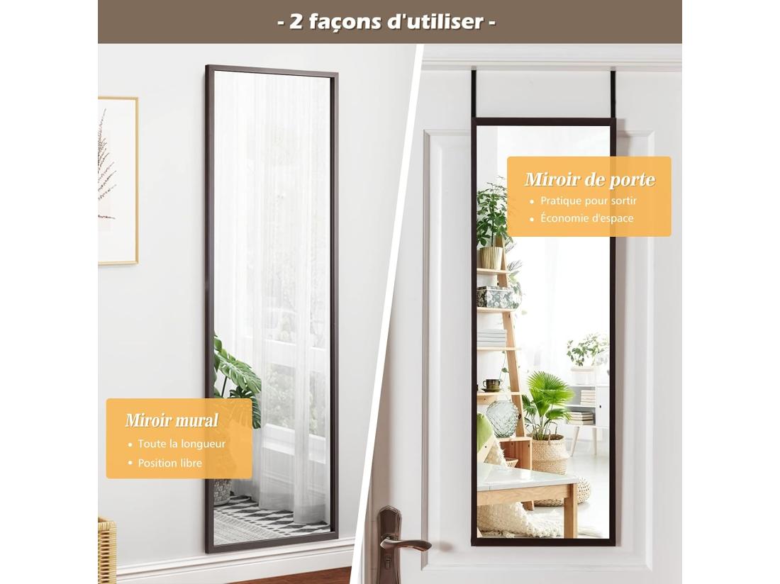 Vente Unique Miroir à Suspendre Sur Porte Avec Crochets De Suspension Réglables 36 5 X 107 Cm (brun)