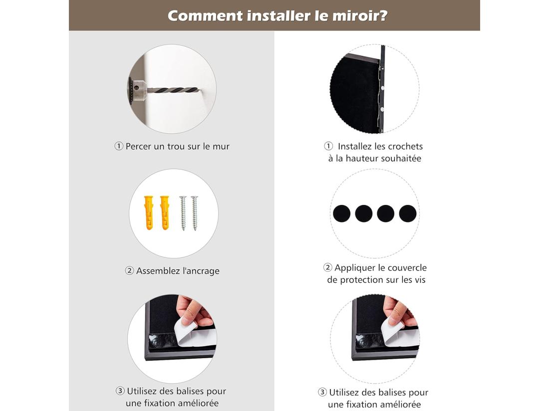 Vente Unique Miroir à Suspendre Sur Porte Avec Crochets De Suspension Réglables 36 5 X 107 Cm (brun)