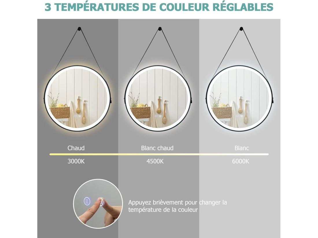 Vente Unique Miroir Anti-Buée Salle De Bain De 60 Cm Avec Sangle En Cuir Miroir Anti-Eau Rond LED Fonction Anti-Buée Et Mémoire Dimmable 3 Couleurs