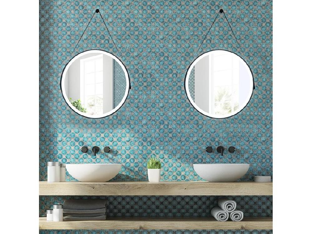 Vente Unique Miroir Anti-Buée Salle De Bain De 60 Cm Avec Sangle En Cuir Miroir Anti-Eau Rond LED Fonction Anti-Buée Et Mémoire Dimmable 3 Couleurs