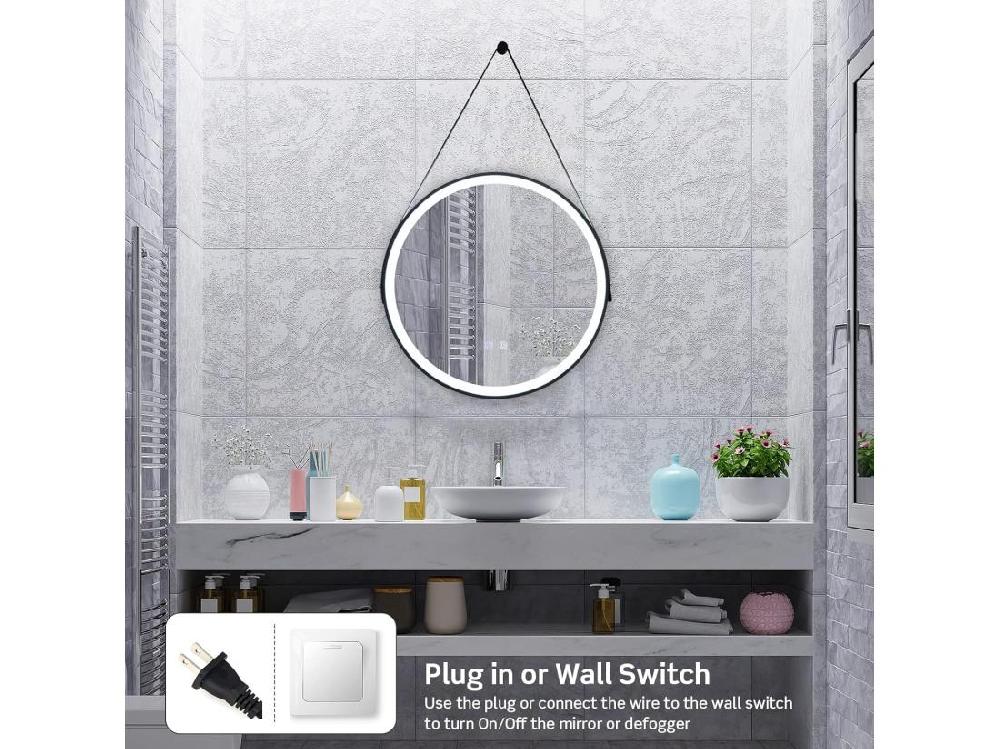 Vente Unique Miroir Anti-Buée Salle De Bain De 60 Cm Avec Sangle En Cuir Miroir Anti-Eau Rond LED Fonction Anti-Buée Et Mémoire Dimmable 3 Couleurs