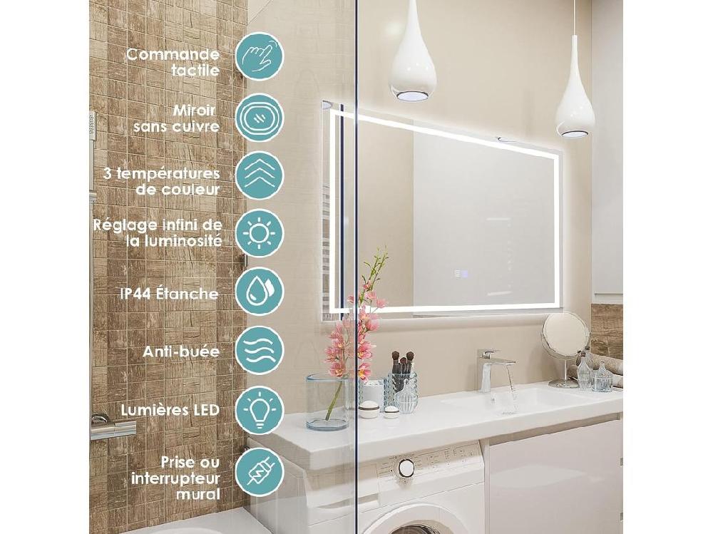 Vente Unique Miroir De Salle De Bain Anti-Buée LED 80 X 60 Cm Miroir Mural Lumineux Avec 3 Eclairages Blanc Froid/Neutre/Chaud Miroir LED Rectangulaire Avec Interrupteur Tactile Et Fonction