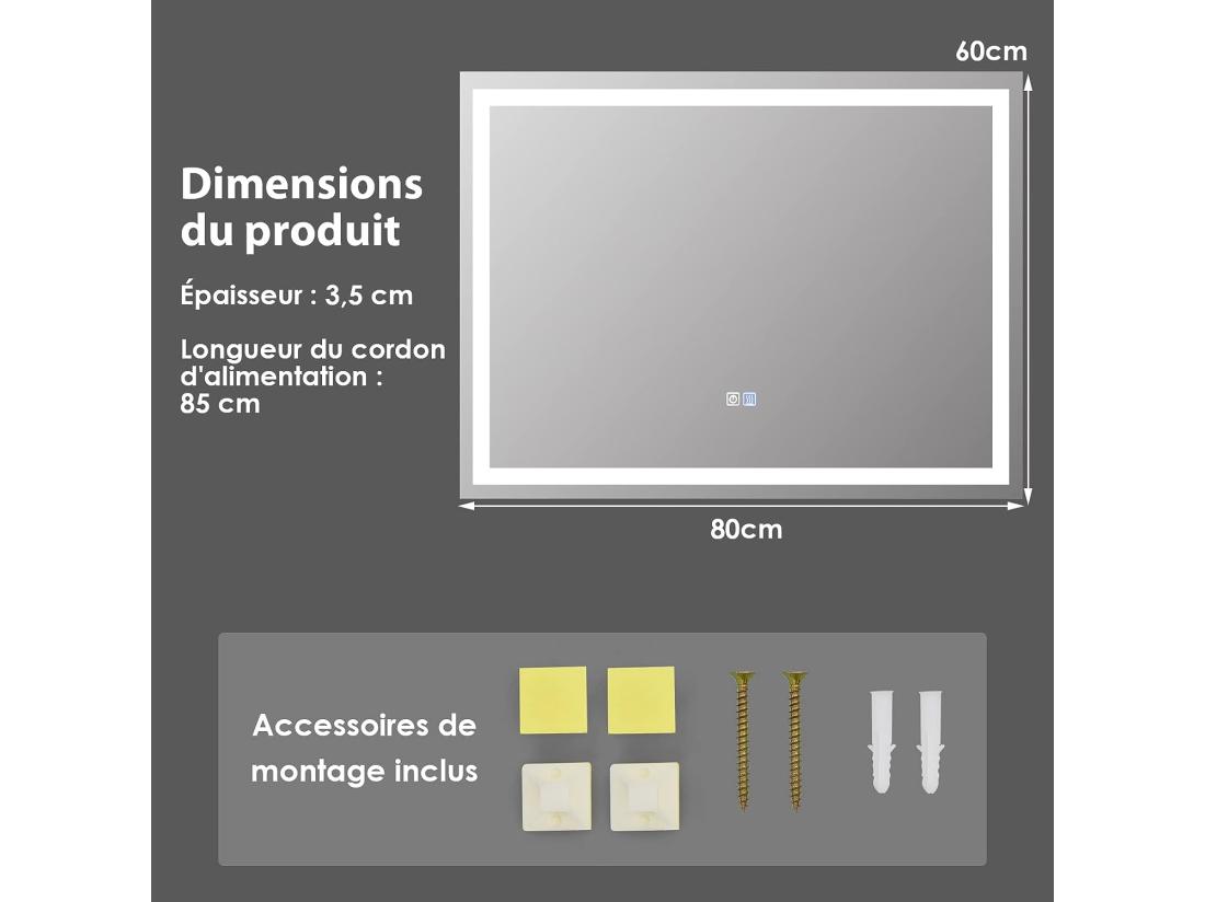 Vente Unique Miroir De Salle De Bain Anti-Buée LED 80 X 60 Cm Miroir Mural Lumineux Avec 3 Eclairages Blanc Froid/Neutre/Chaud Miroir LED Rectangulaire Avec Interrupteur Tactile Et Fonction