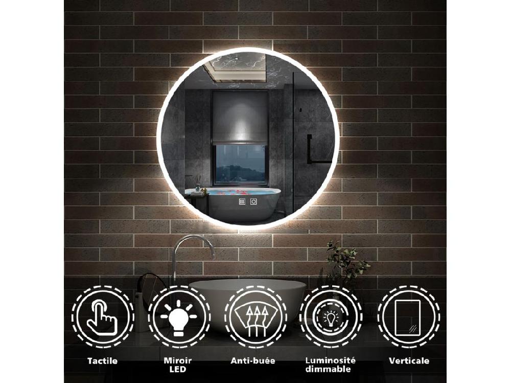 Vente Unique Miroir De Salle De Bain Avec Anti-buée + 3 Couleurs LED Avec Lumière Et Luminosité Réglables Rond Double Interrupteur Tactile ∅80cm