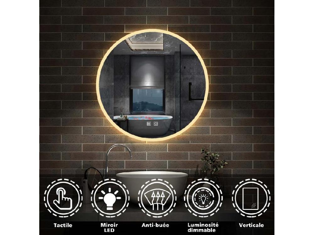 Vente Unique Miroir De Salle De Bain Avec Anti-buée + 3 Couleurs LED Avec Lumière Et Luminosité Réglables Rond Double Interrupteur Tactile ∅80cm