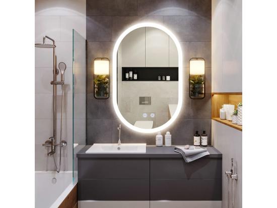 Vente Unique Miroir De Salle De Bain Avec Eclairage LED 70x50cm Verre Antidéflagrant Anti-Brouillard Miroir Mural Ovale Interrupteur Tactile 3 Couleurs 6500k