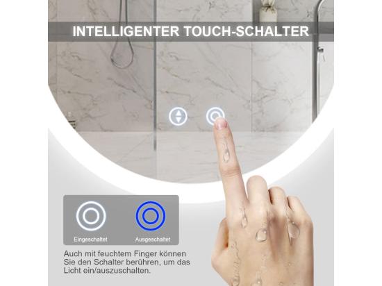 Vente Unique Miroir De Salle De Bain Avec Eclairage LED 70x50cm Verre Antidéflagrant Anti-Brouillard Miroir Mural Ovale Interrupteur Tactile 3 Couleurs 6500k