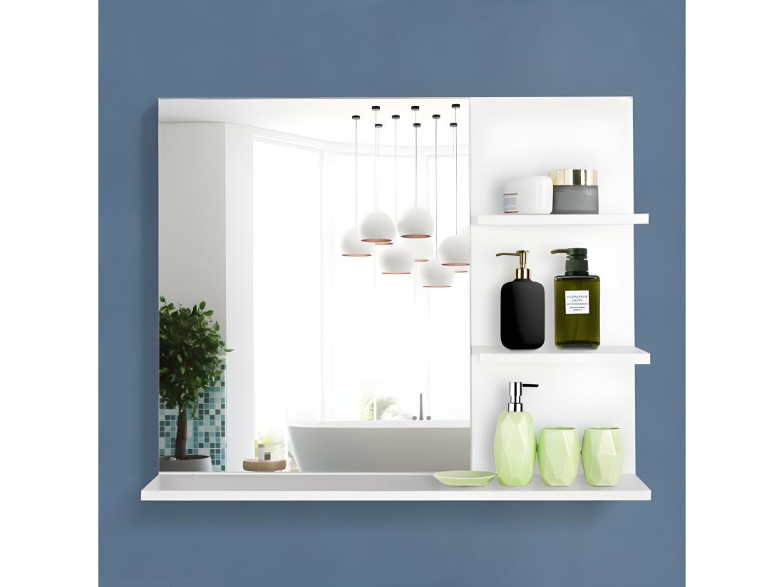 Vente Unique Miroir De Salle De Bain Avec étagères - 2 étagères Latérales + Grande étagère Inférieure - Kit Installation Fourni - MDF Blanc