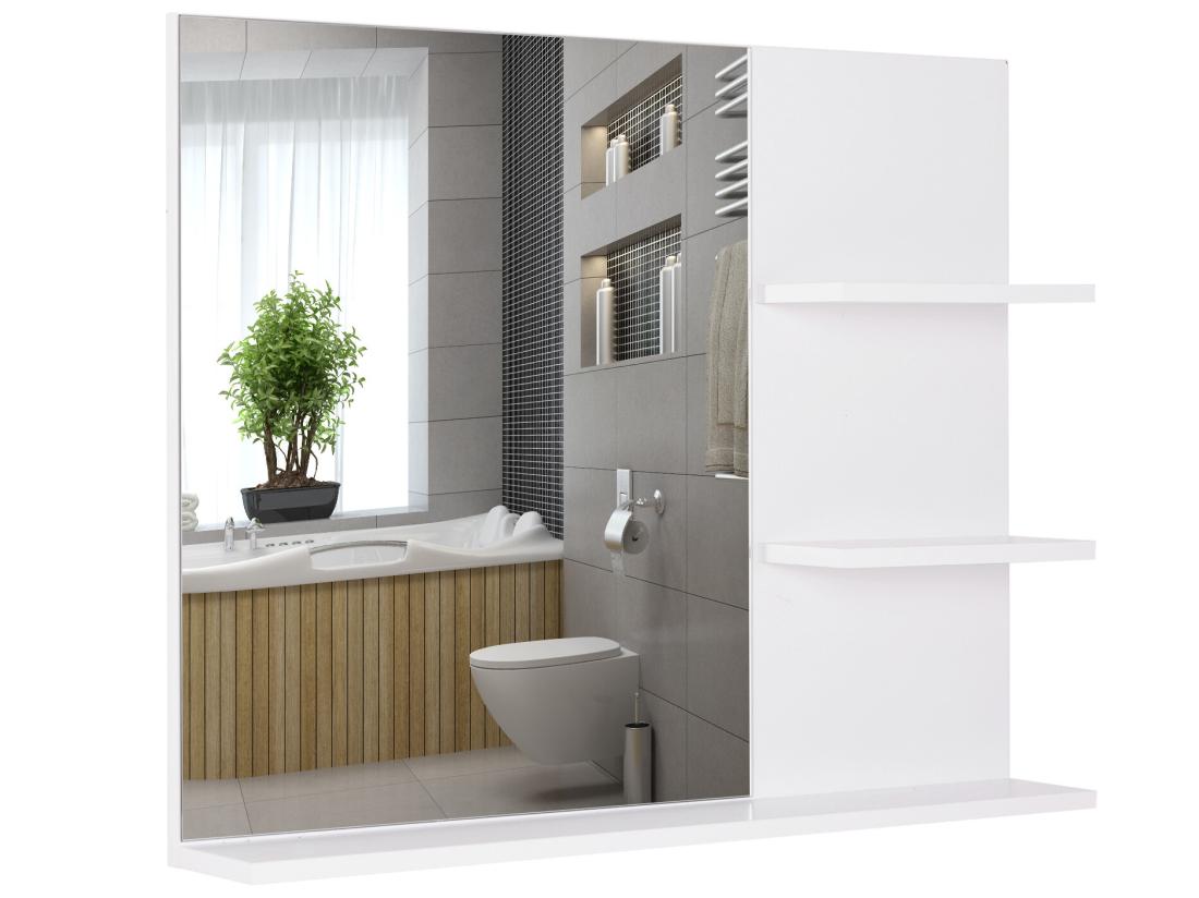 Vente Unique Miroir De Salle De Bain Avec étagères - 2 étagères Latérales + Grande étagère Inférieure - Kit Installation Fourni - MDF Blanc