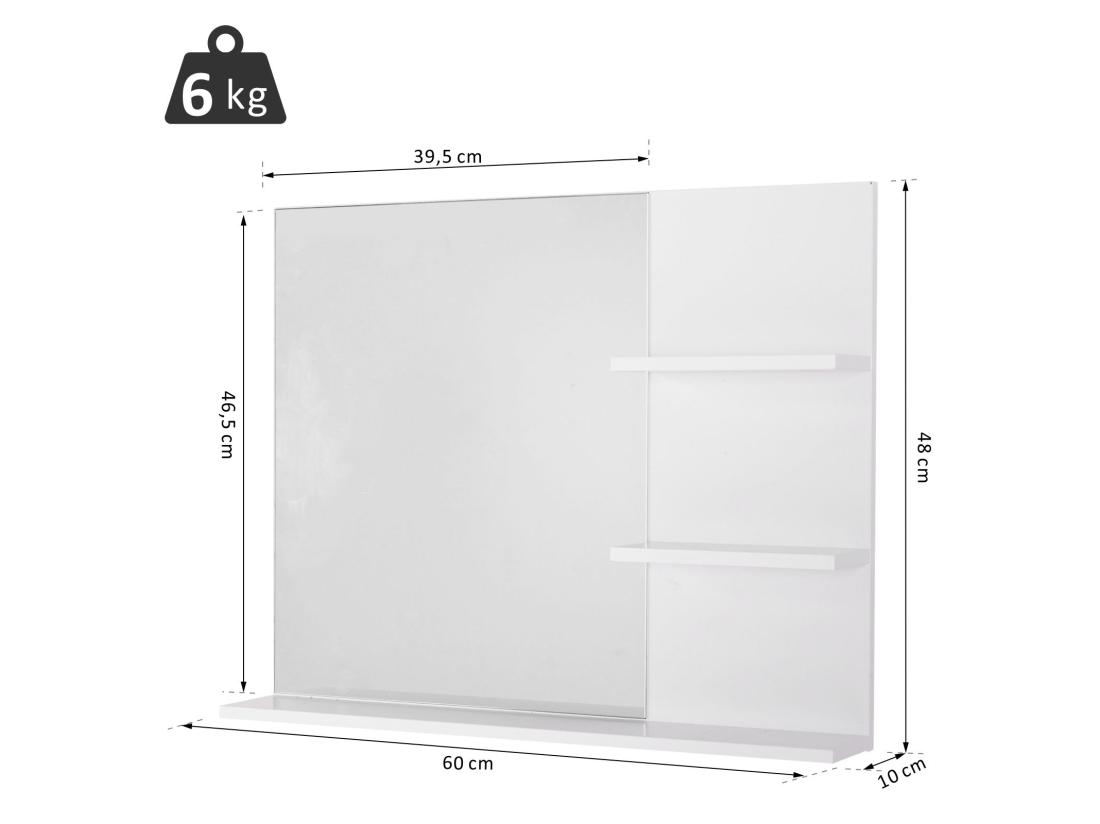 Vente Unique Miroir De Salle De Bain Avec étagères - 2 étagères Latérales + Grande étagère Inférieure - Kit Installation Fourni - MDF Blanc