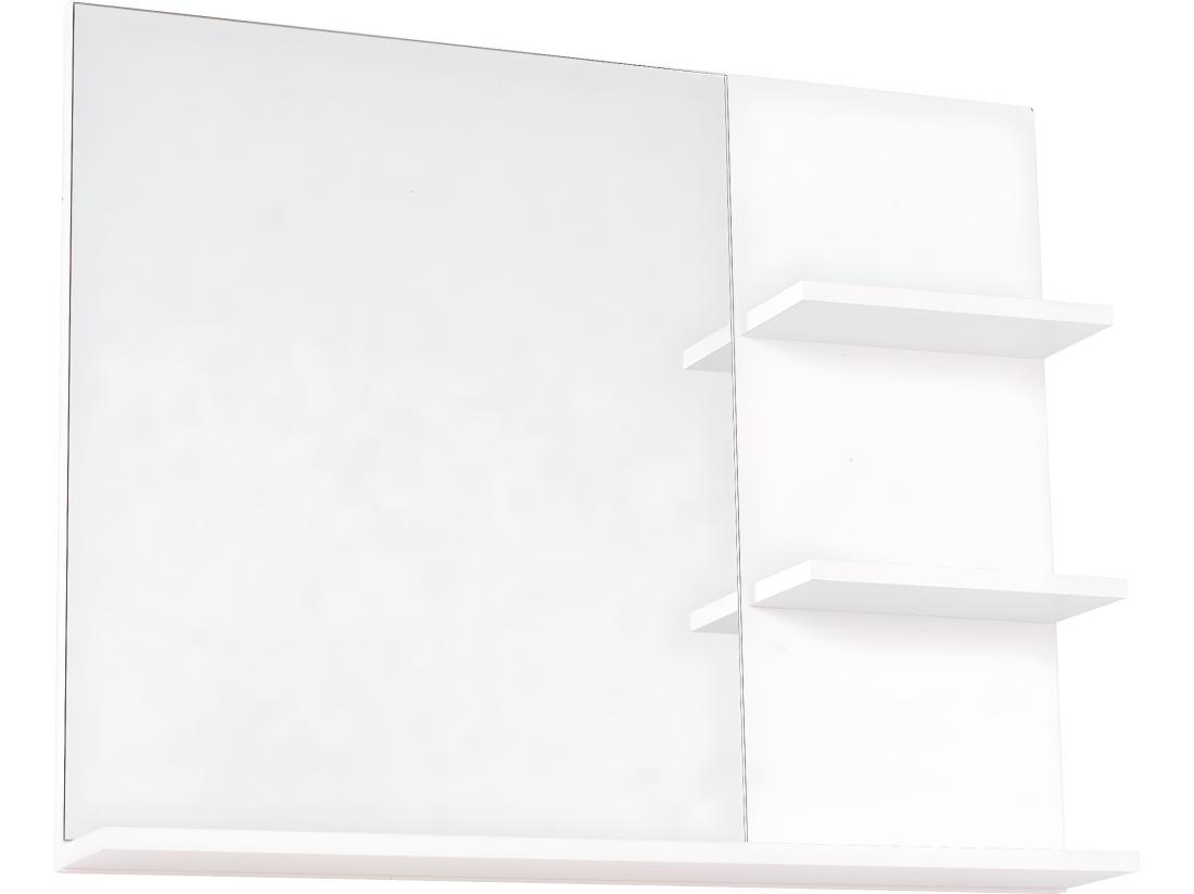 vente unique Miroir de salle de bain avec étagères - 2 étagères latérales + grande étagère inférieure - kit installation fourni - MDF blanc