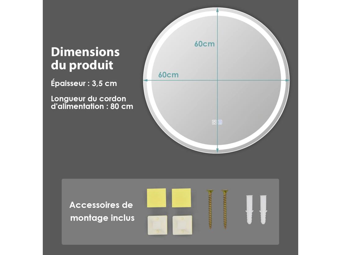 Vente Unique Miroir De Salle De Bain LED Anti-Buée ø 60 Cm Miroir Mural Lumineux Avec 3 Eclairages Blanc Froid/Neutre/Chaud Miroir LED Rond Avec Interrupteur Tactile Et Fonction