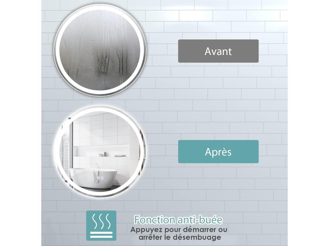 Vente Unique Miroir De Salle De Bain LED Anti-Buée ø 60 Cm Miroir Mural Lumineux Avec 3 Eclairages Blanc Froid/Neutre/Chaud Miroir LED Rond Avec Interrupteur Tactile Et Fonction
