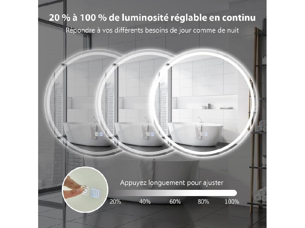Vente Unique Miroir De Salle De Bain LED Anti-Buée ø 60 Cm Miroir Mural Lumineux Avec 3 Eclairages Blanc Froid/Neutre/Chaud Miroir LED Rond Avec Interrupteur Tactile Et Fonction