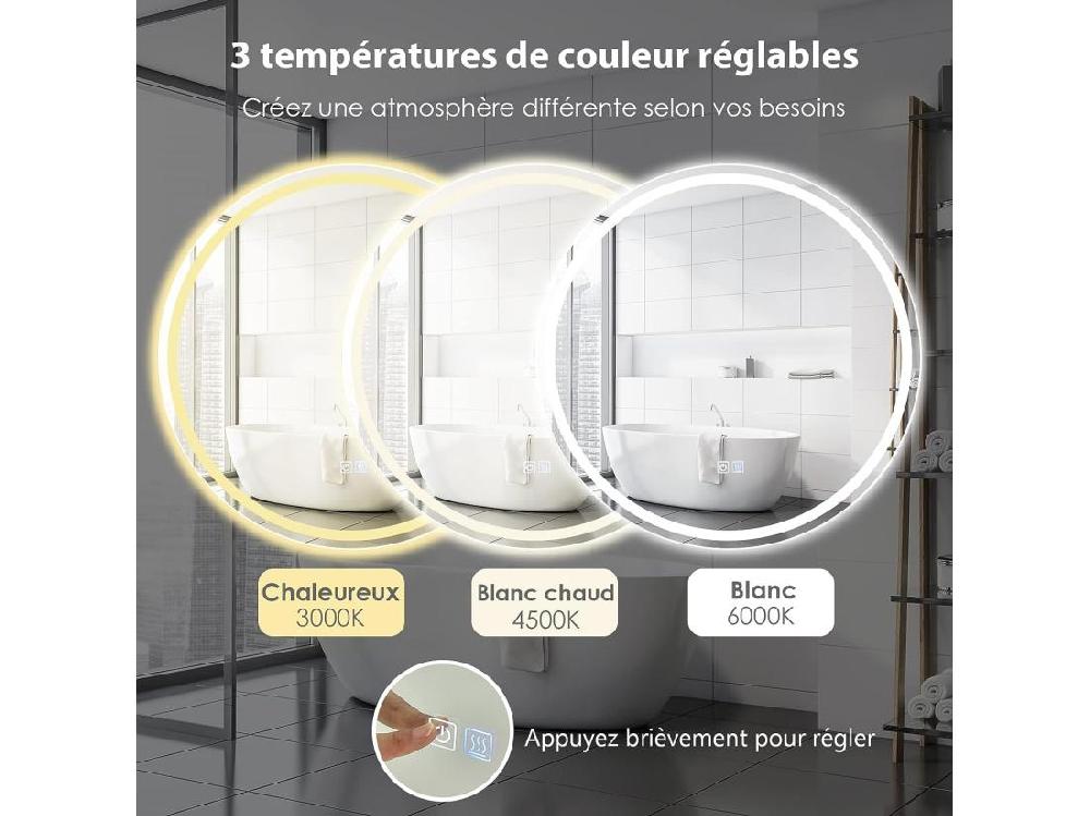 vente unique Miroir de Salle de Bain LED Anti-Buée ø 60 cm Miroir Mural Lumineux avec 3 Eclairages Blanc Froid/Neutre/Chaud Miroir LED Rond avec Interrupteur Tactile et Fonction