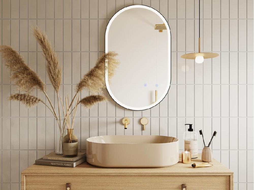 vente unique Miroir de salle de bain lumineux ovale anti buée avec contour noir - 50 x 80 cm - ALARICO
