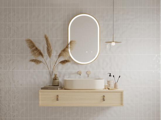 vente unique Miroir de salle de bain lumineux ovale anti buée avec contour doré - 50 x 80 cm - ALARICO