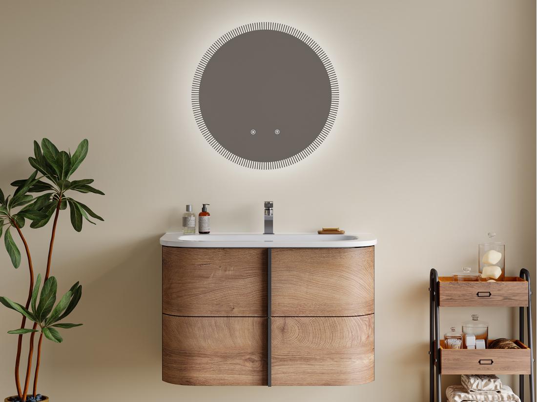 vente unique Miroir de salle de bain lumineux soleil avec anti buée et bouton tactile - D60 cm - VERECIO