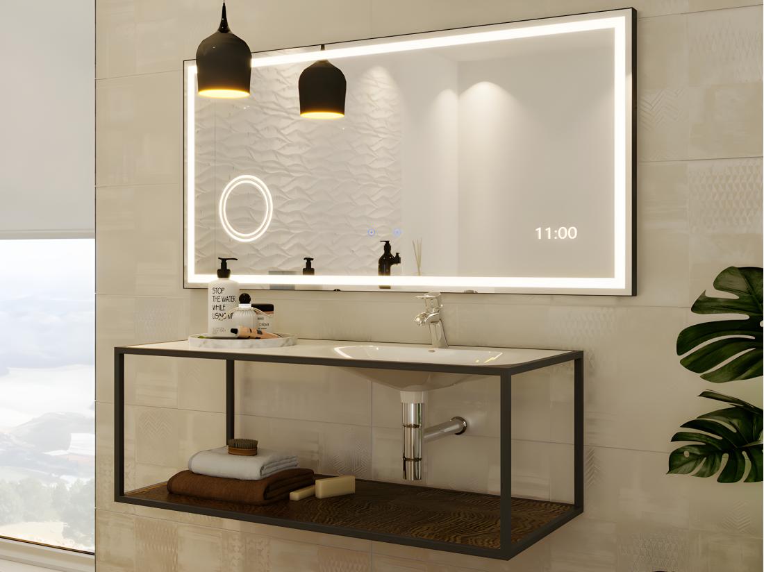 vente unique Miroir de salle de bain rectangulaire lumineux avec horloge digitale - 120 x 60 cm - AITANA
