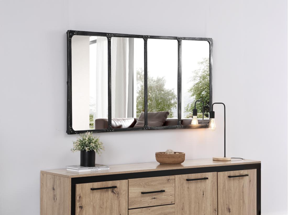 vente unique Miroir fenêtre industriel en métal - L. 140 x H. 75 cm - Noir - MAASTRICHT