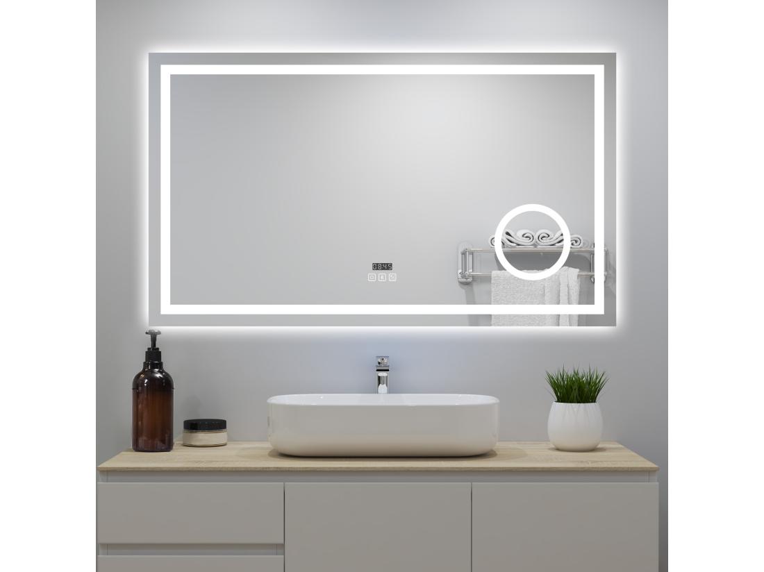 Vente Unique Miroir Lumineux Avec Bluetooth 120 X 70cm Horloge + 3 Couleurs + Dimmable + Anti-buée + Grossissant 3x Mural Miroir Salle De Bain