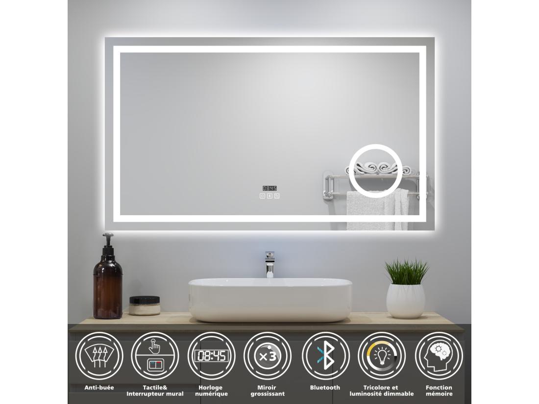 Vente Unique Miroir Lumineux Avec Bluetooth 120 X 70cm Horloge + 3 Couleurs + Dimmable + Anti-buée + Grossissant 3x Mural Miroir Salle De Bain