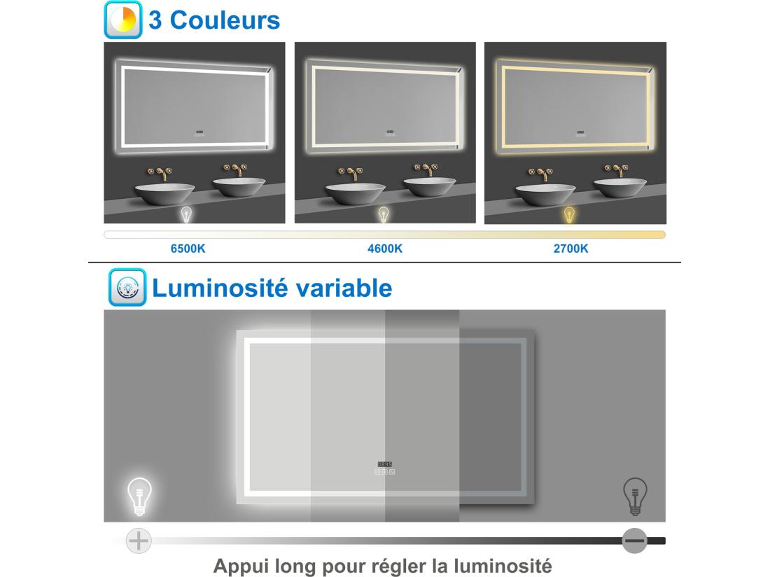 Vente Unique Miroir Lumineux Avec Bluetooth 140 X 80cm Miroir Avec Horloge + 3 Couleurs + Dimmable + Anti-buée Miroir De Salle De Bain IP44 Rectangulaire